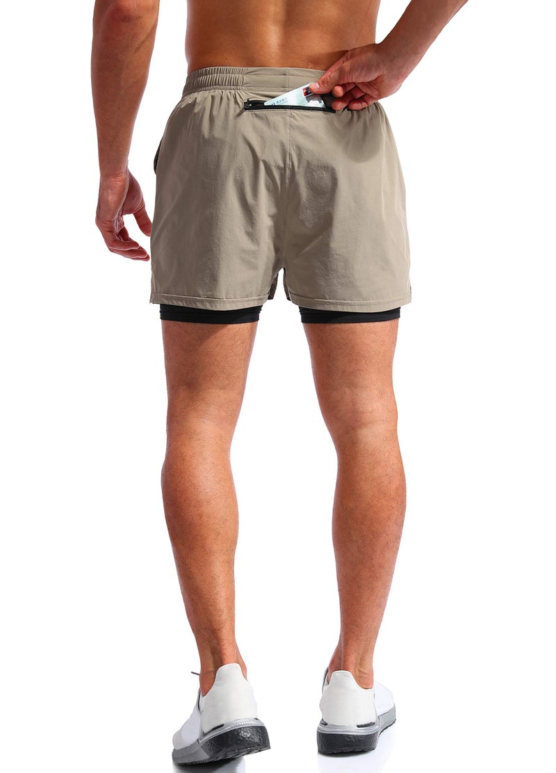 Pudolla Menâ€™s 2 in 1 Running Shorts 5" Quick Dry Gym Athletic Workout Shorts for Men with Phone Pockets(Khaki Medium) - Image 4